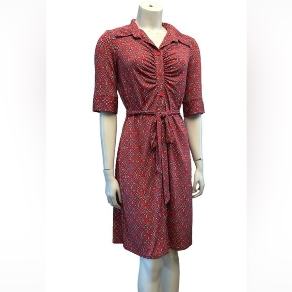 Laundry By Shelli Segal Red Geometric Button Up Dress With Tie Waist